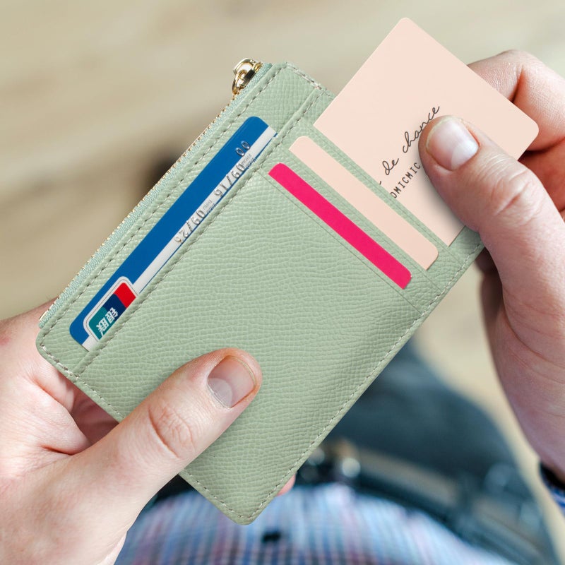 Valentoria Slim RFID Blocking Card Holder Small Pocket Wallet Keychian Zipper Coin Purse Minimalist Leather Cash & Coin & Cards Case for Women Men (Green) - Image 4